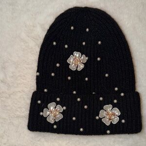 Elegant Black Beanie with Pearl Accents